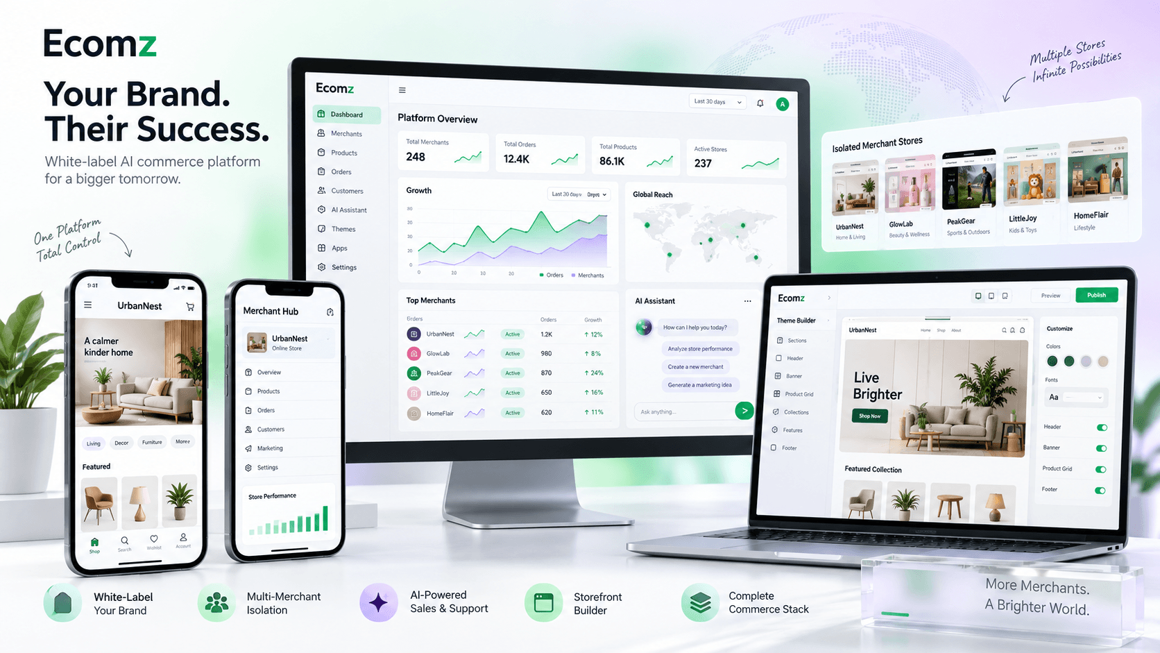 Ecomz AI white-label platform owner dashboard, storefront builder, native apps, AI employee and isolated merchant shops