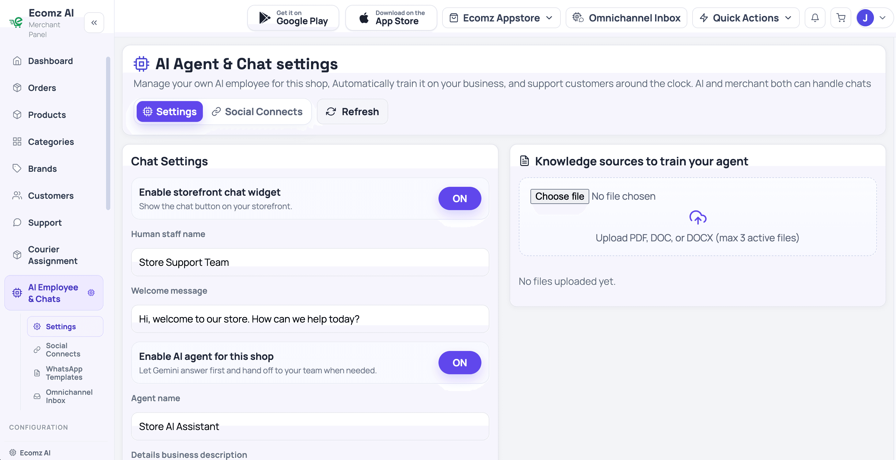 Ecomz AI employee settings and knowledge sources