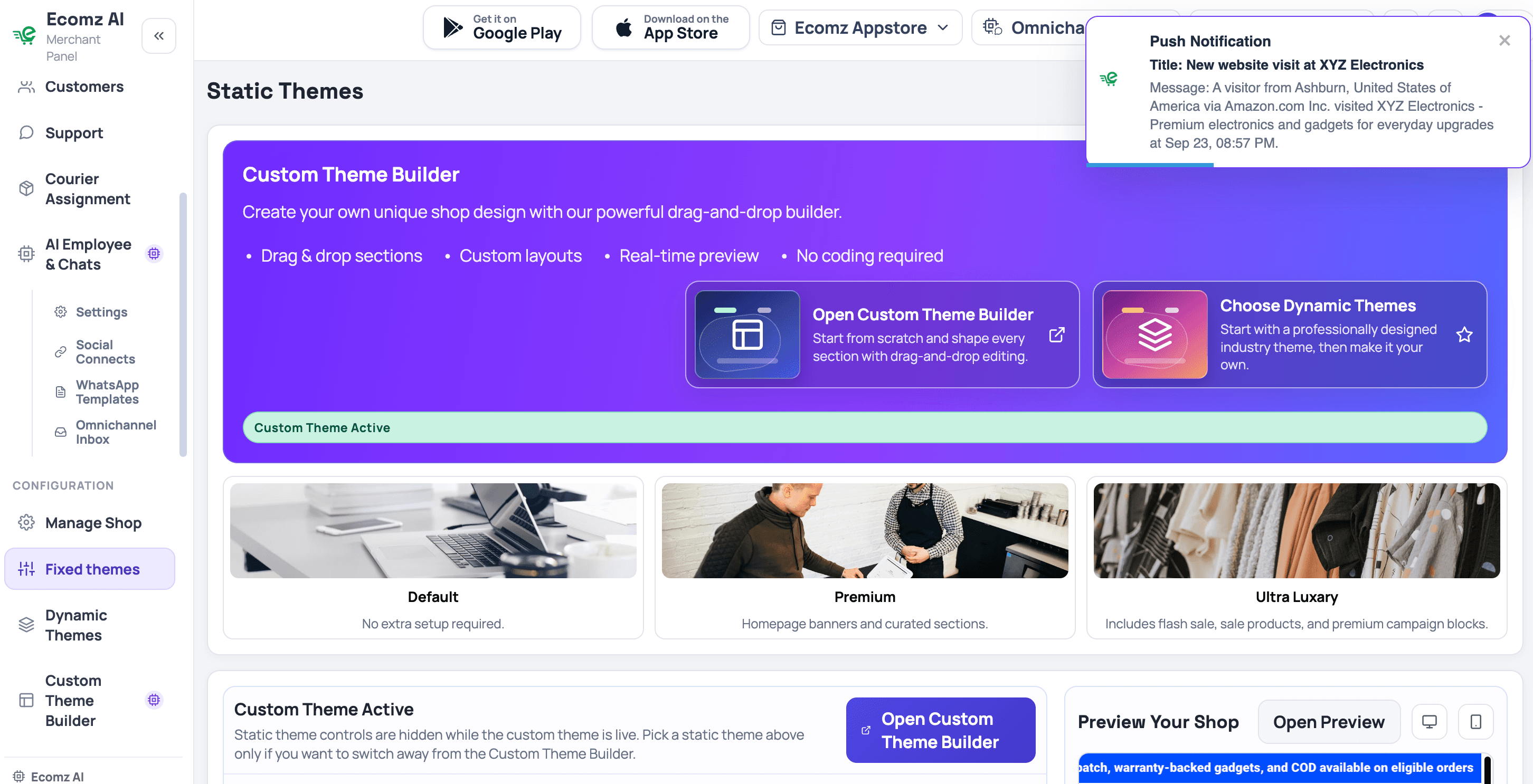 Ecomz Fixed themes and custom theme builder