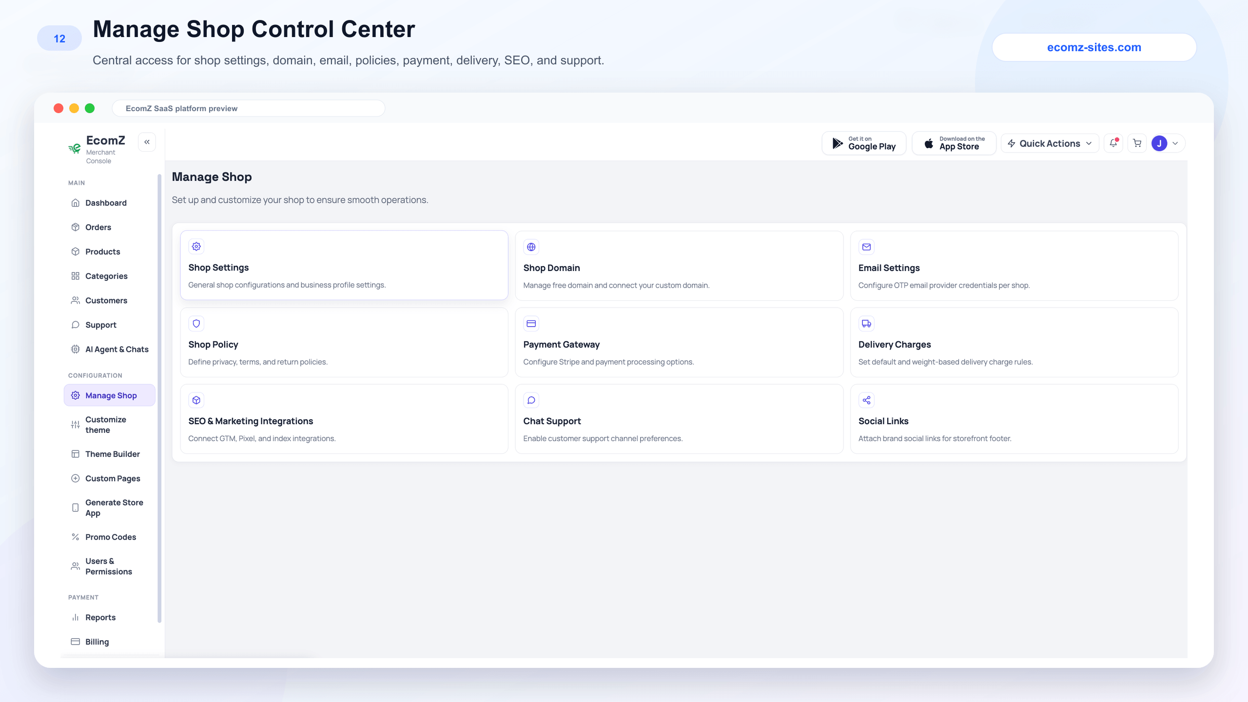 Ecomz manage shop control center